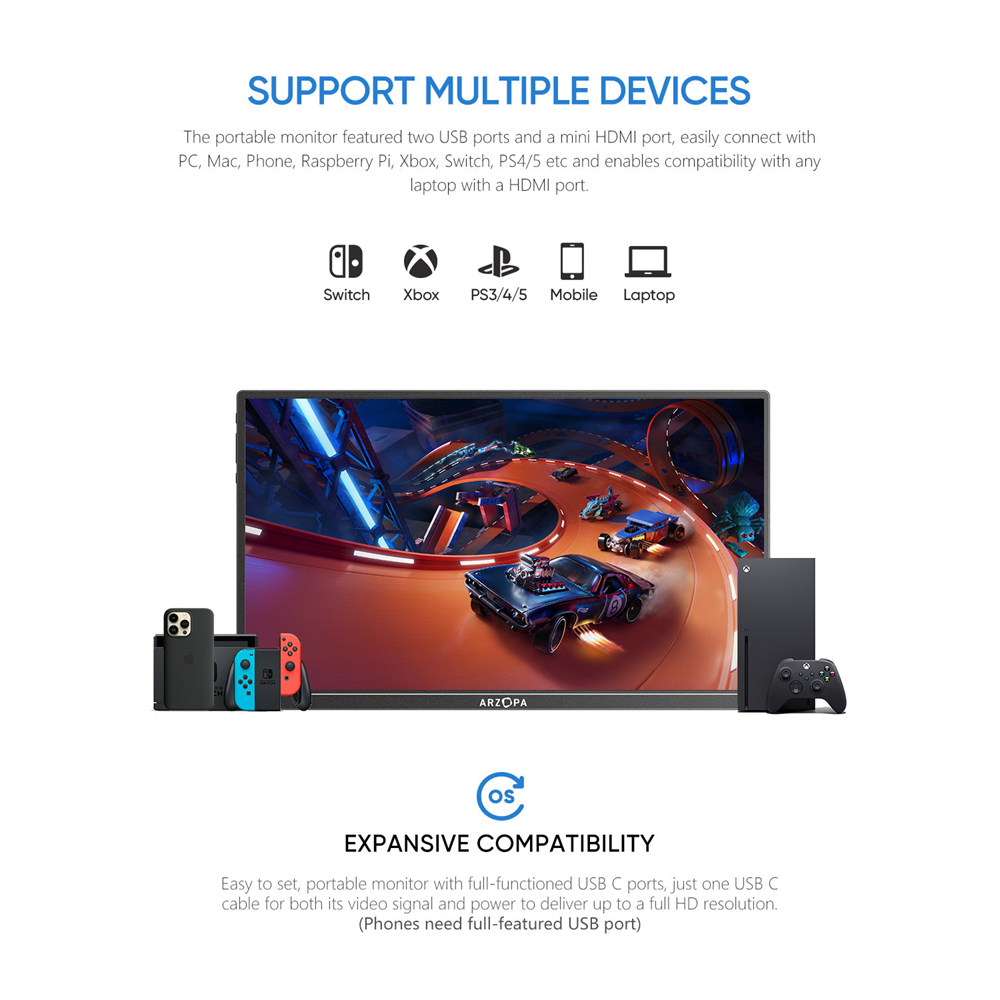 Arzopa 14" FHD IPS HDR USB-C ferðaskjár, innb. kickstand, grár - image 6 [63fadb0a0f]