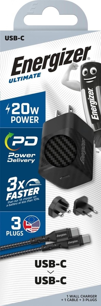 20W Energizer USB-C PD GaN EU/UK/US ferðahleðslutæki með USB-C kapli, svart - image 3 [bcff040813]
