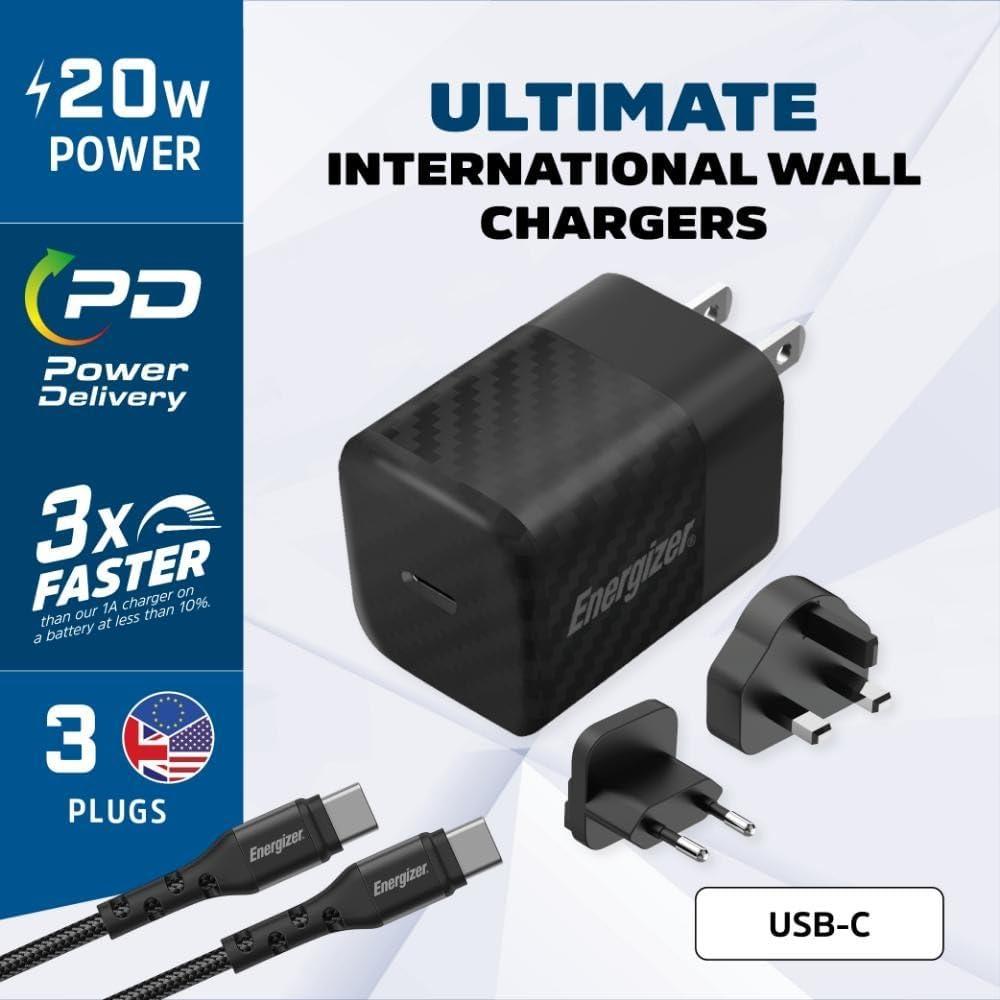 20W Energizer USB-C PD GaN EU/UK/US ferðahleðslutæki með USB-C kapli, svart - image 5 [db5958006d]