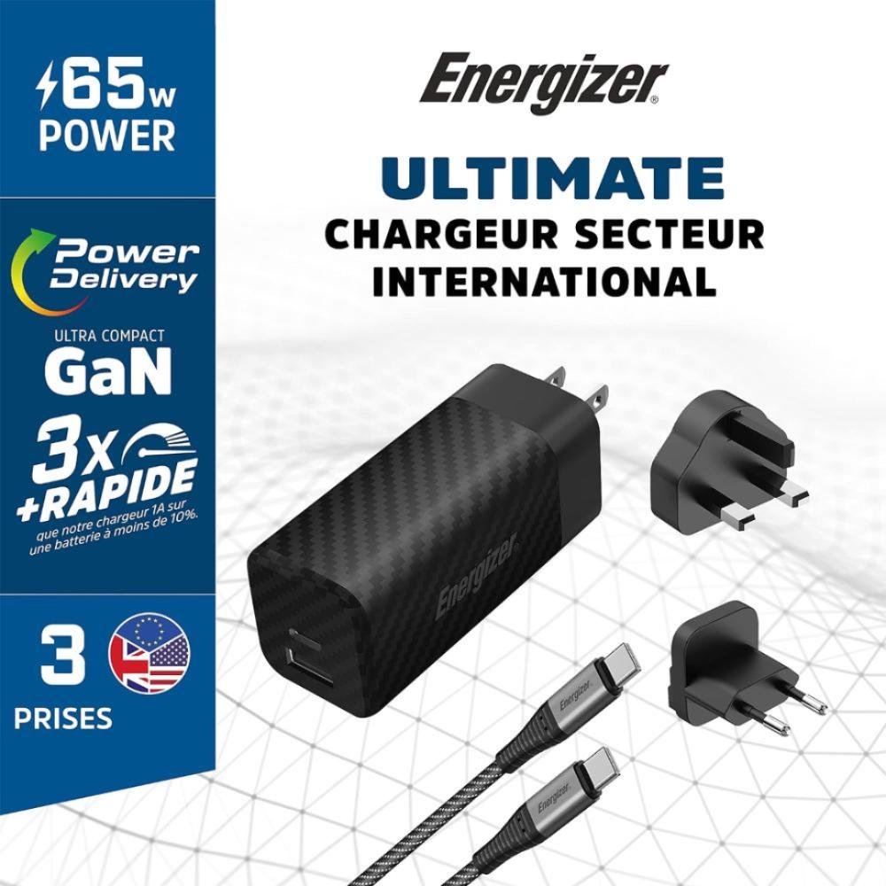 65W Energizer 1x USB-C, 1x USB-A PD GaN EU/UK/US ferðahleðslutæki með USB-C kapli, svart - image 3 [50be54c82e]