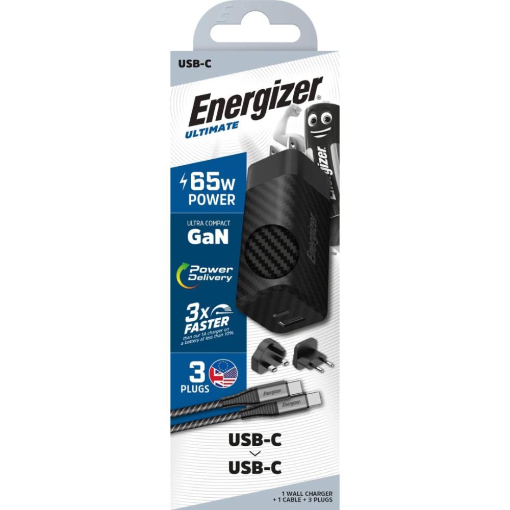 65W Energizer 1x USB-C, 1x USB-A PD GaN EU/UK/US ferðahleðslutæki með USB-C kapli, svart - image 4 [d8af0a74c2]