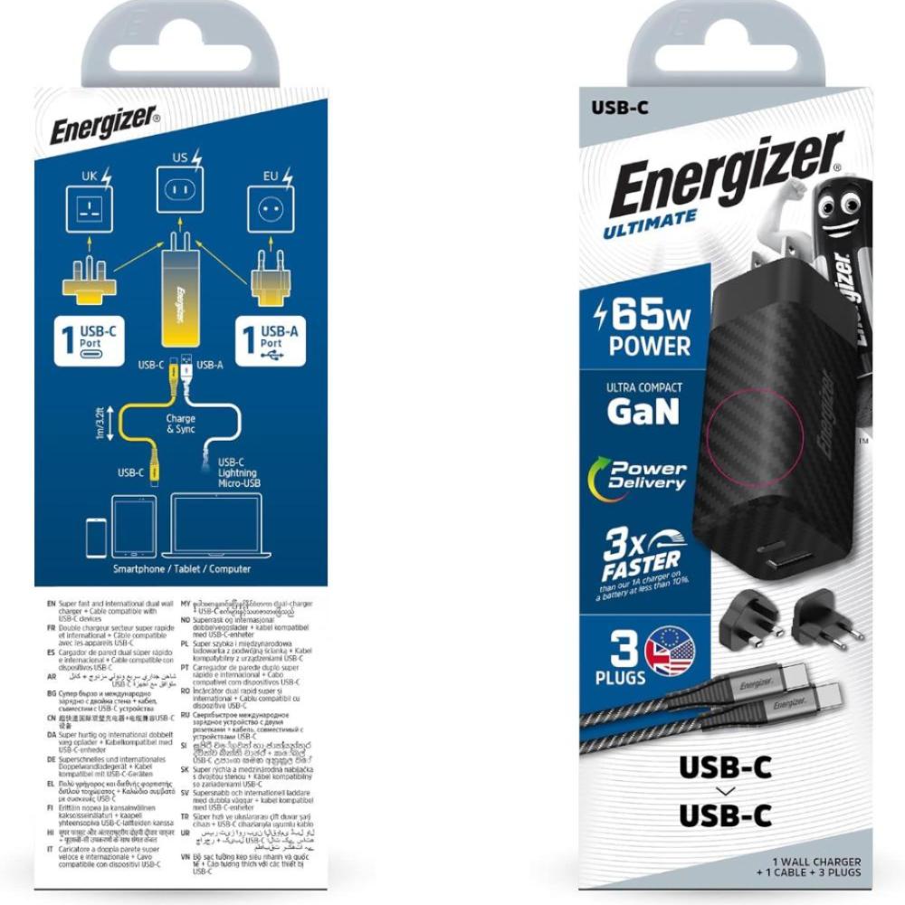 65W Energizer 1x USB-C, 1x USB-A PD GaN EU/UK/US ferðahleðslutæki með USB-C kapli, svart - image 5 [f686761831]