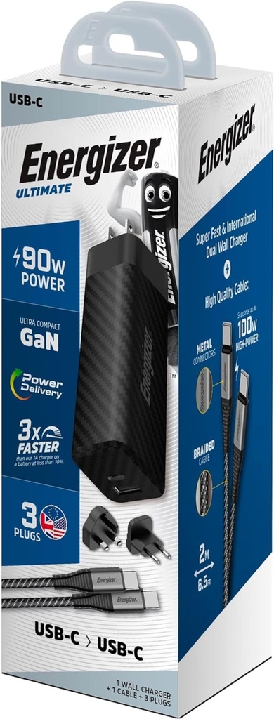 90W Energizer 1x USB-C, 1x USB-A PD GaN EU/UK/US ferðahleðslutæki með USB-C kapli, svart - image 3 [bc08dea6af]