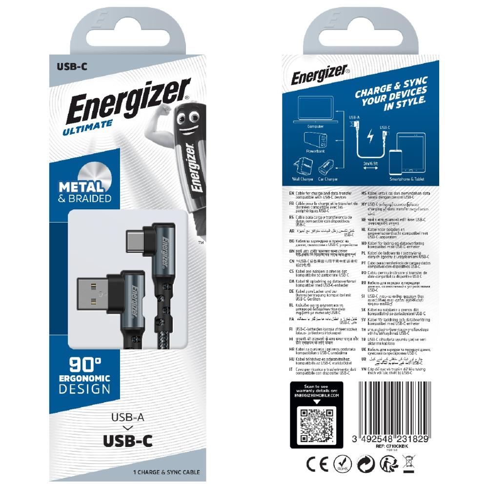 Energizer USB 2.0 A í C ofinn kapall með 90° hausum 2 metrar, grár - image 2 [b2bcbc358c]