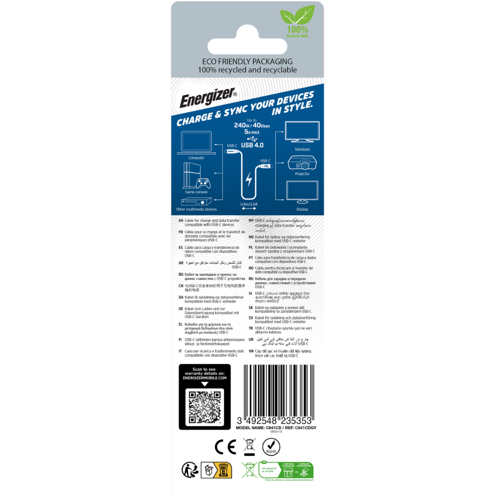 Energizer C84 Metal USB4.0 240W 40Gbps 8K@60Hz C í C kapall, 0,8 metrar, Silfur - image 5 [7d10df0871]
