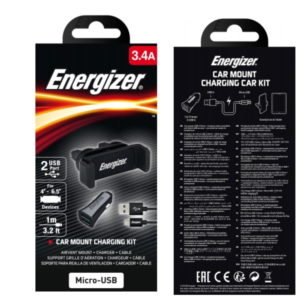 12W Energizer 2x USB-A hleðslutæki í bíl með festingu fyrir snjallsíma og Micro-B kapli, svart - image 3 [007ed6f47c]