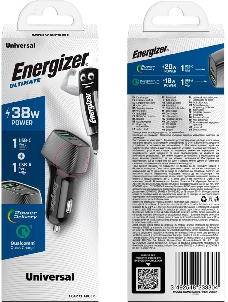 38W Energizer 1x USB-C, 1x USB-A PD QC hleðslutæki í bíl, svart - image 3 [129a37ec63]