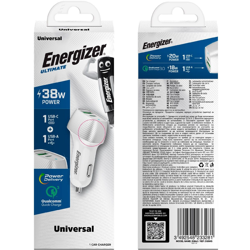 38W Energizer 1x USB-C, 1x USB-A PD QC hleðslutæki í bíl, silfurlitað - image 3 [d1e032ec95]