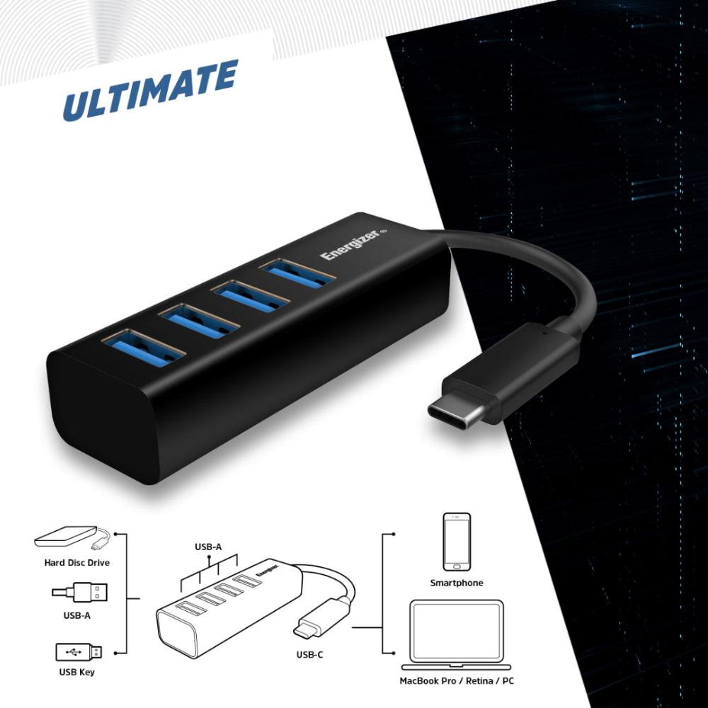 Energizer USB-C í 4x USB-A HUB, svartur - image 3 [180f412b8c]