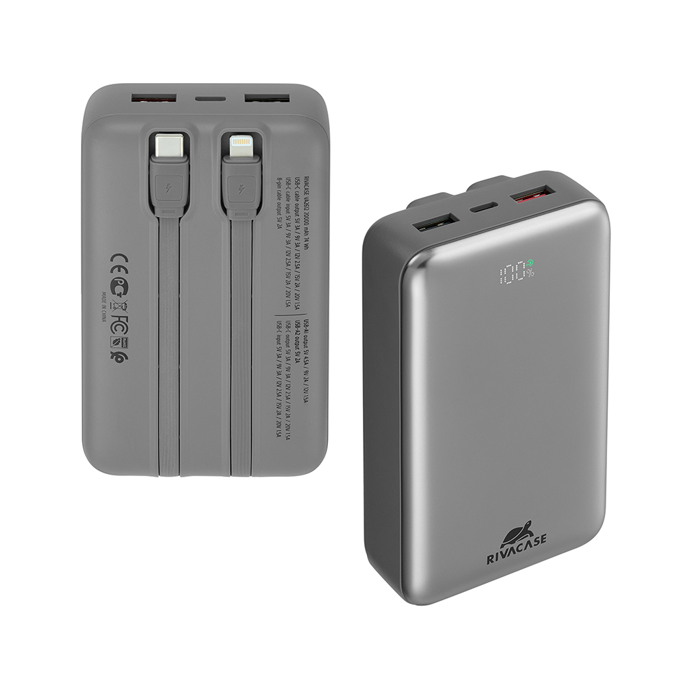 Rivacase VA2612 20000mAh ferðarafhlaða, PD 30W, með 2x innb.köplum, silfur - image 2 [1ad565c837]