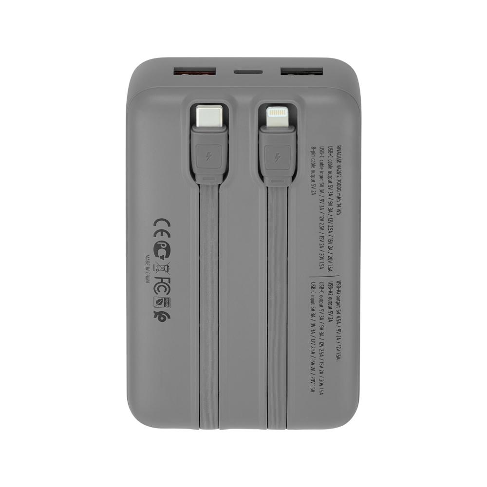 Rivacase VA2612 20000mAh ferðarafhlaða, PD 30W, með 2x innb.köplum, silfur - image 10 [1bea97cc70]