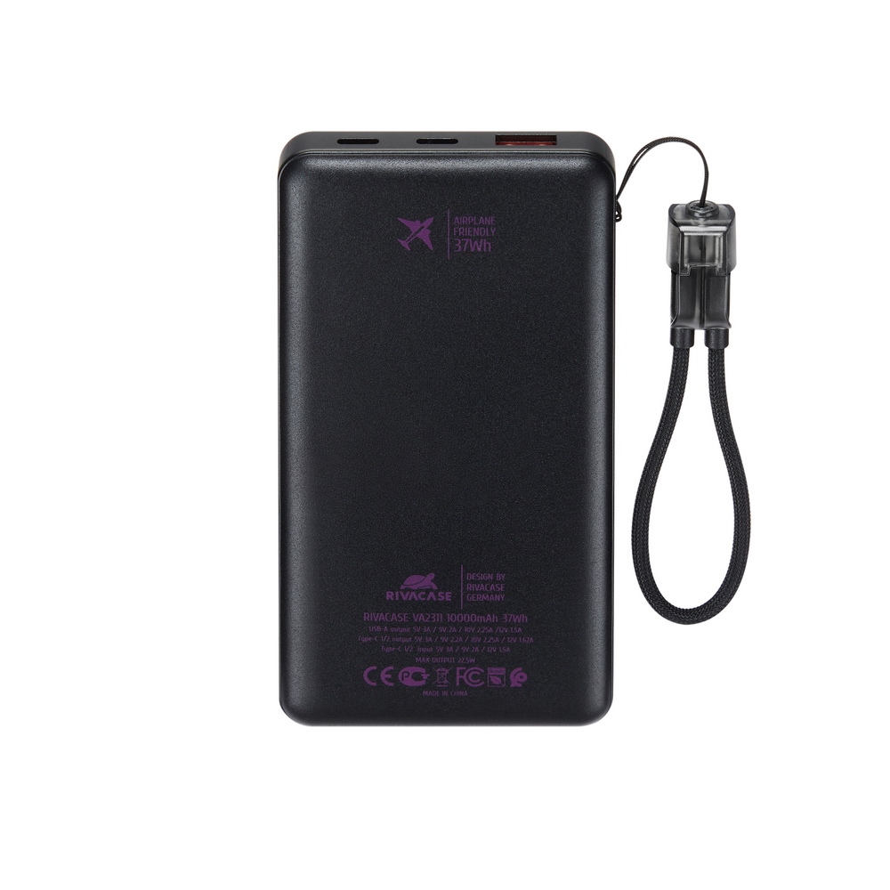 Rivacase VA2311 10000mAh ferðarafhlaða, PD 22.5W, LanYard USB-C kapall, LED, svört - image 7 [503ce2b380]