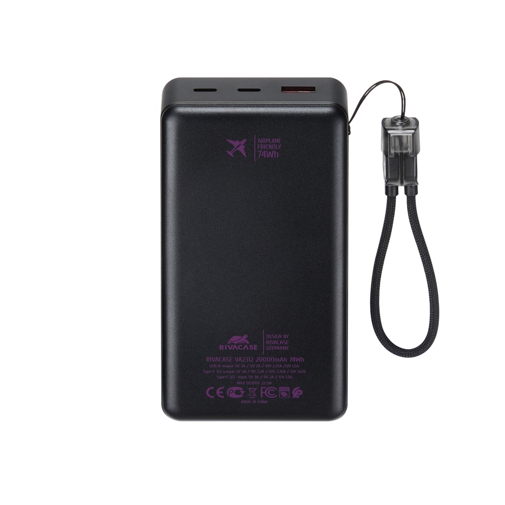 Rivacase VA2312 20000mAh ferðarafhlaða, PD 22.5W, LanYard USB-C kapall, LED, svört - image 7 [e3b1f1474f]