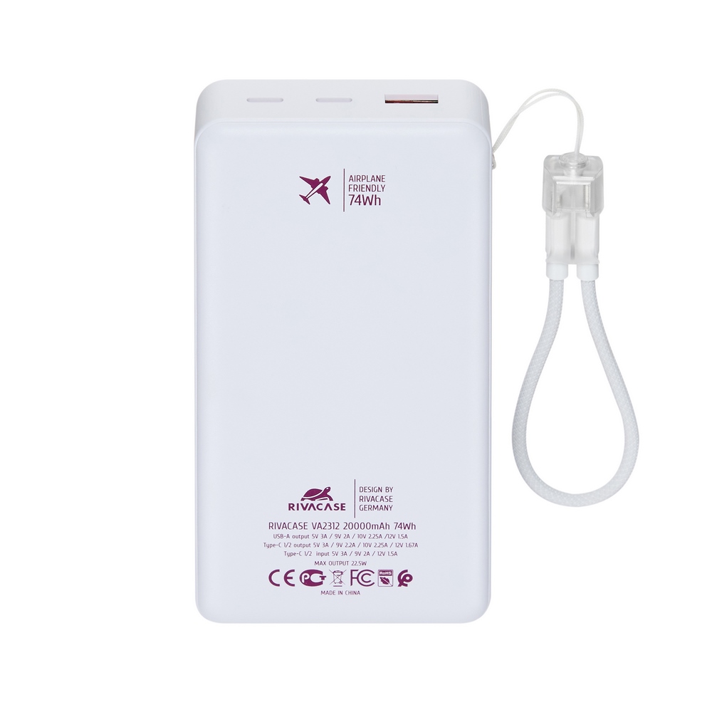 Rivacase VA2312 20000mAh ferðarafhlaða, PD 22.5W, LanYard USB-C kapall, LED, hvít - image 7 [0962a5e5c9]