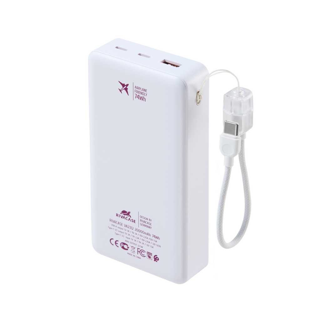 Rivacase VA2312 20000mAh ferðarafhlaða, PD 22.5W, LanYard USB-C kapall, LED, hvít - image 13 [b53817e0b7]