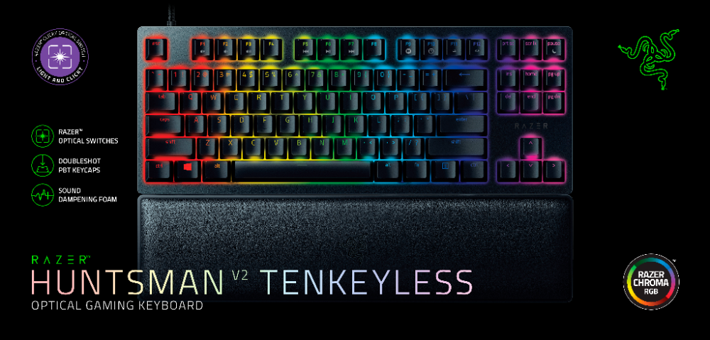 Razer Huntsman V2 TKL RGB leikjalyklaborð, lyklaborðsrenning, Fj.bláir optical svissar, Nordic, Svart - image 5 [cee75811a0]