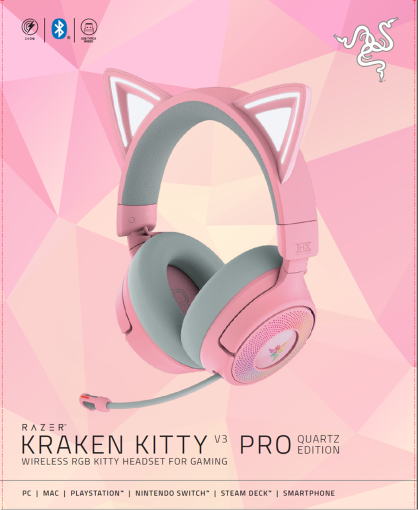 Razer Kraken Kitty V3 Pro HyperSpeed þráðlaus leikjaheyrnartól með hljóðnema, bleik - image 14 [14b96ef15b]