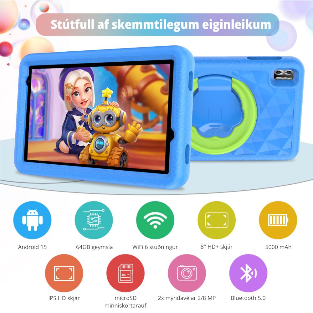 Pritom Kid Tab 8 spjaldtölvupakki með þráðlausum krakkaheyrnartólum og Bumper, blá - image 3 [824bd63adb]