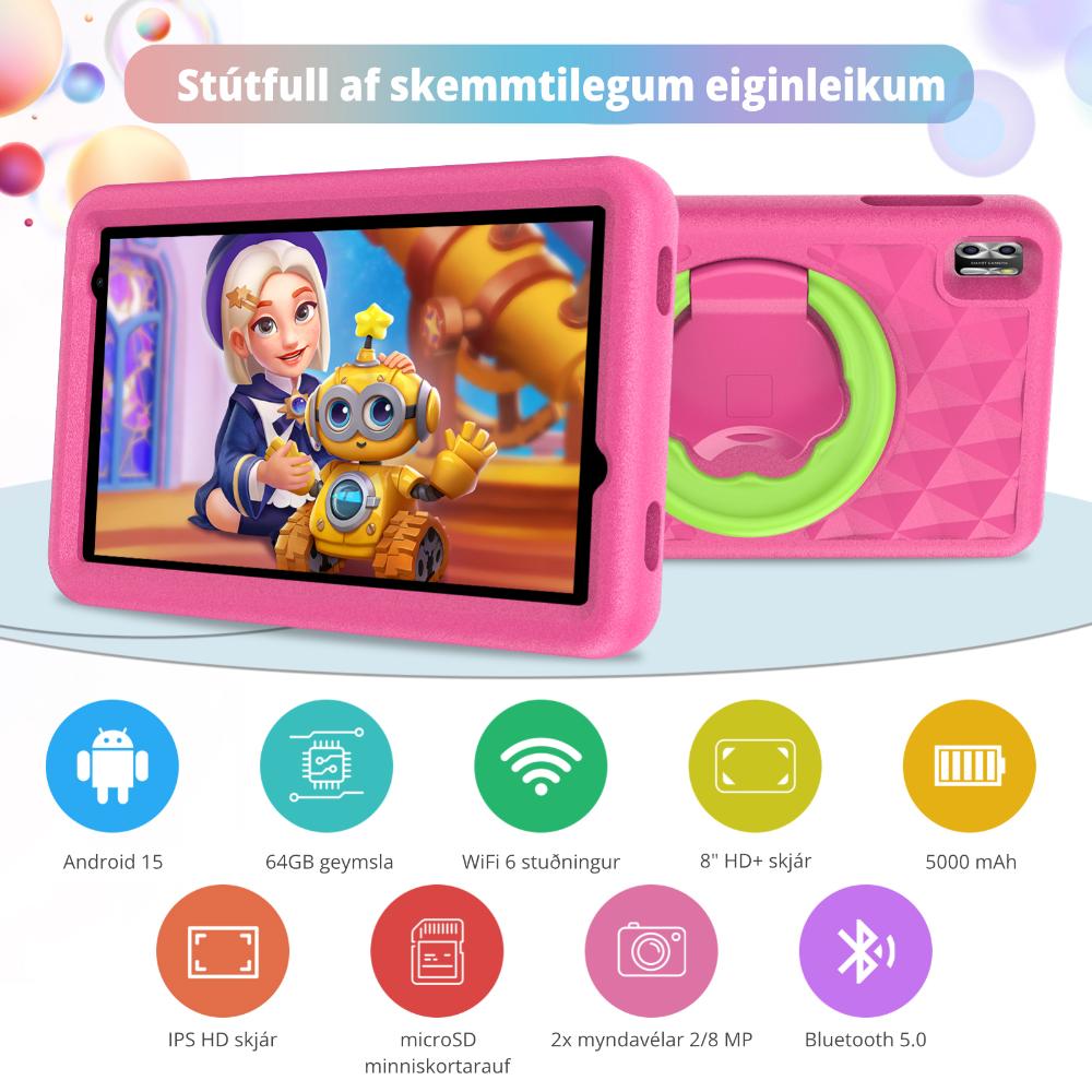 Pritom Kid Tab 8 spjaldtölvupakki með þráðlausum krakkaheyrnartólum og Bumper, bleik - image 3 [49f9dad183]