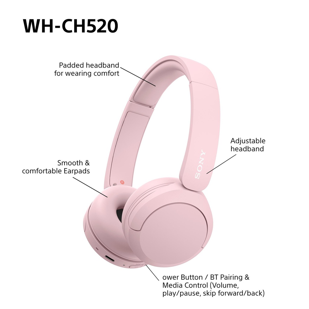 Sony WH-CH520 Bluetooth 5.2 heyrnartól, allt að 50klst, bleik - image 9 [3f519b4045]