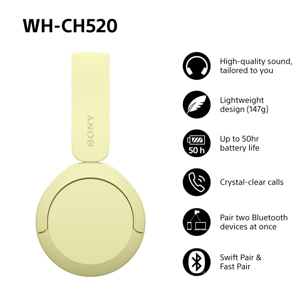 Sony WH-CH520 Bluetooth 5.2 heyrnartól, allt að 50klst, gul - image 15 [d96d98cca0]