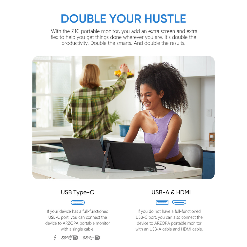 Arzopa 16" FHD IPS HDR USB-C ferðaskjár, innb. kickstand, svartur - image 4 [71a0adde5a]