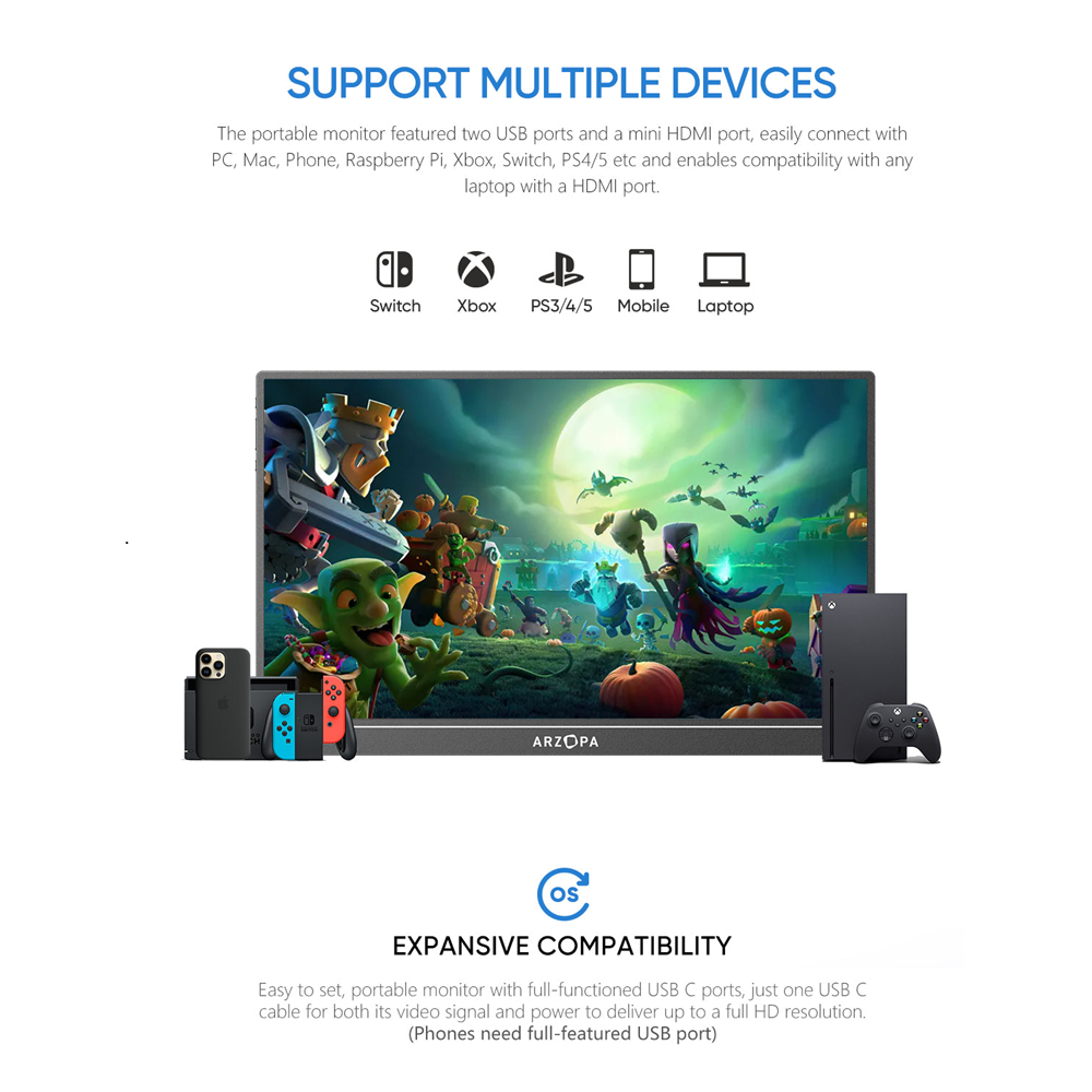 Arzopa 16" FHD IPS HDR USB-C ferðaskjár, innb. kickstand, svartur - image 12 [4cd2099a50]