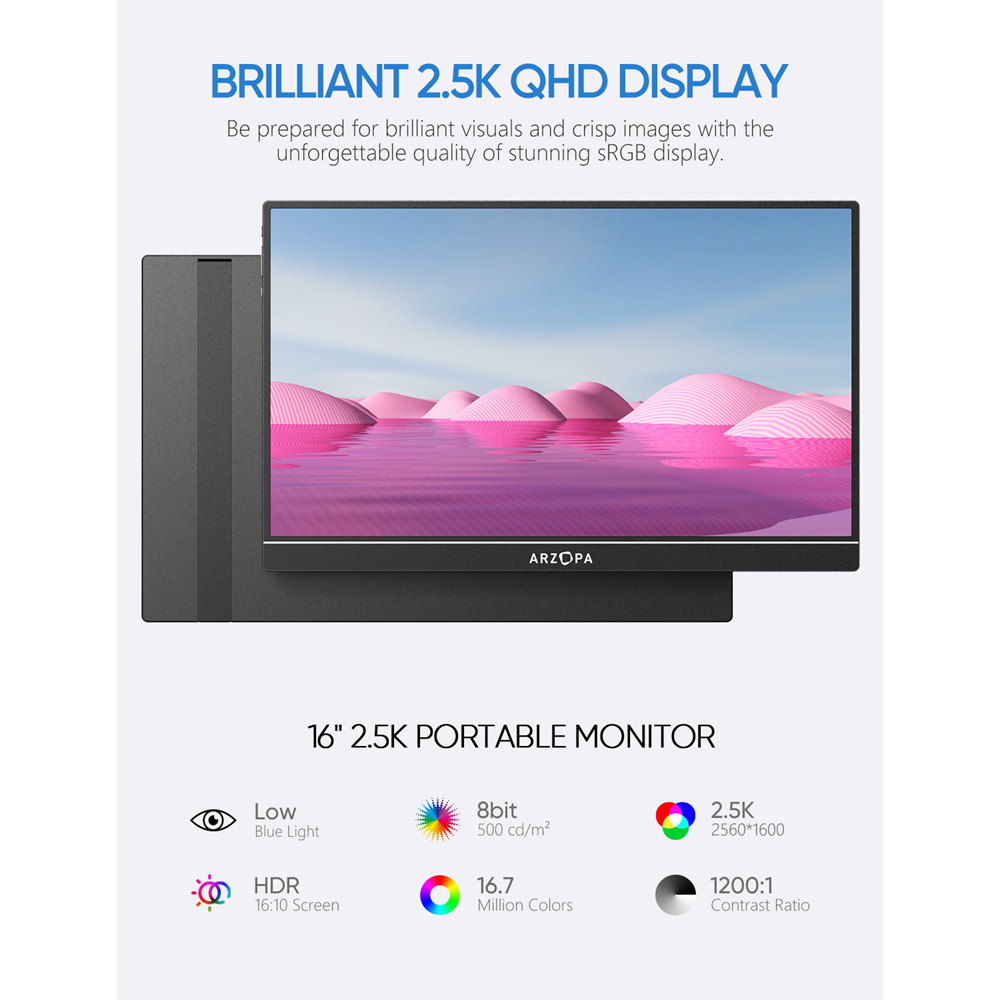Arzopa 16" QHD+ 2.5K IPS HDR USB-C ferðaskjár, innb. kickstand, svartur - image 4 [0b5fb71248]