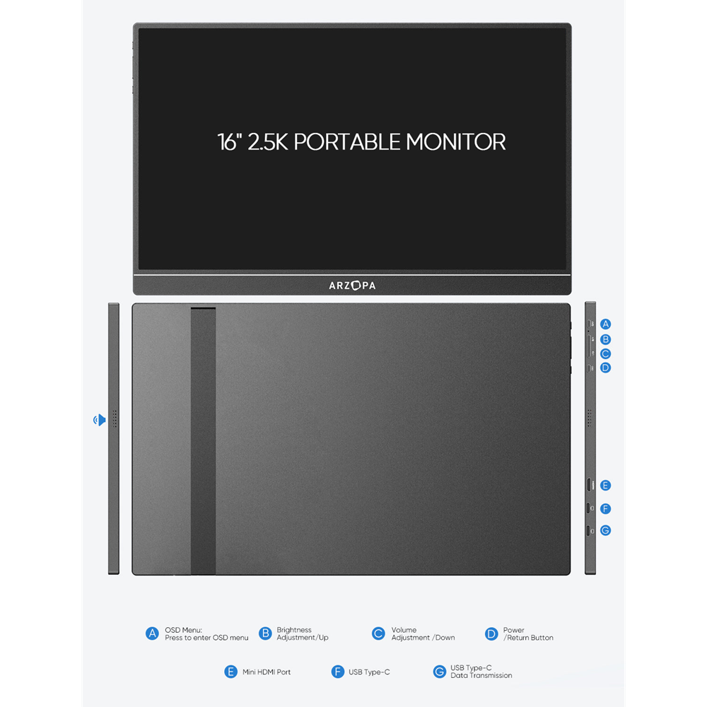 Arzopa 16" QHD+ 2.5K IPS HDR USB-C ferðaskjár, innb. kickstand, svartur - image 5 [2a8b9cdb76]