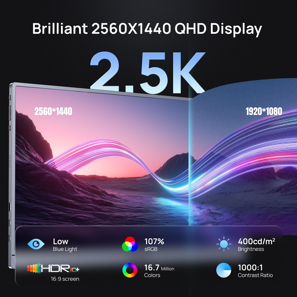 Arzopa 16" QHD 2K IPS HDR10+ 180Hz USB-C ferðaskjár, innb. Kickstand, umslag, grár - image 4 [85f398bda6]