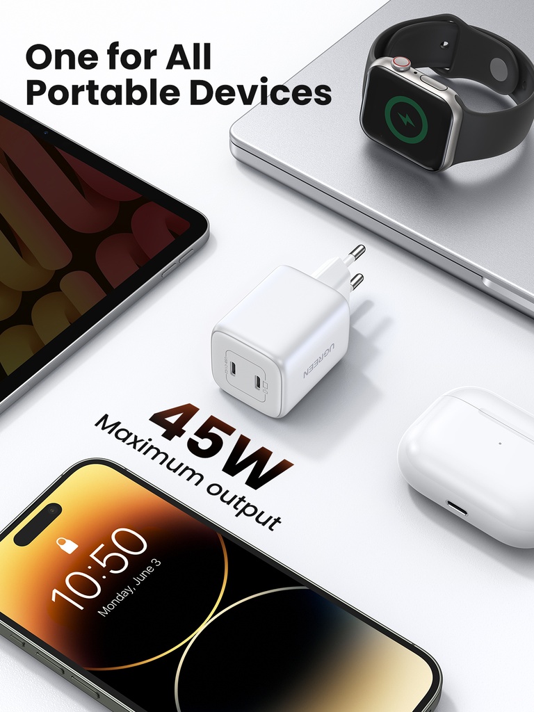 45W UGREEN Nexode Mini 2x USB-C PD QC hleðslutæki, hvítt - image 13 [5e7f0f737a]
