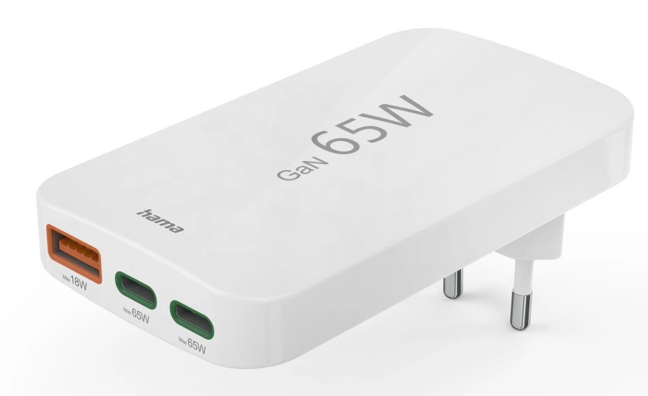65W Hama 2x USB-C, 1x USB-A PD QC samanbrjótanlegt GaN hleðslutæki, hvítt - image 2 [f8ceba7133]