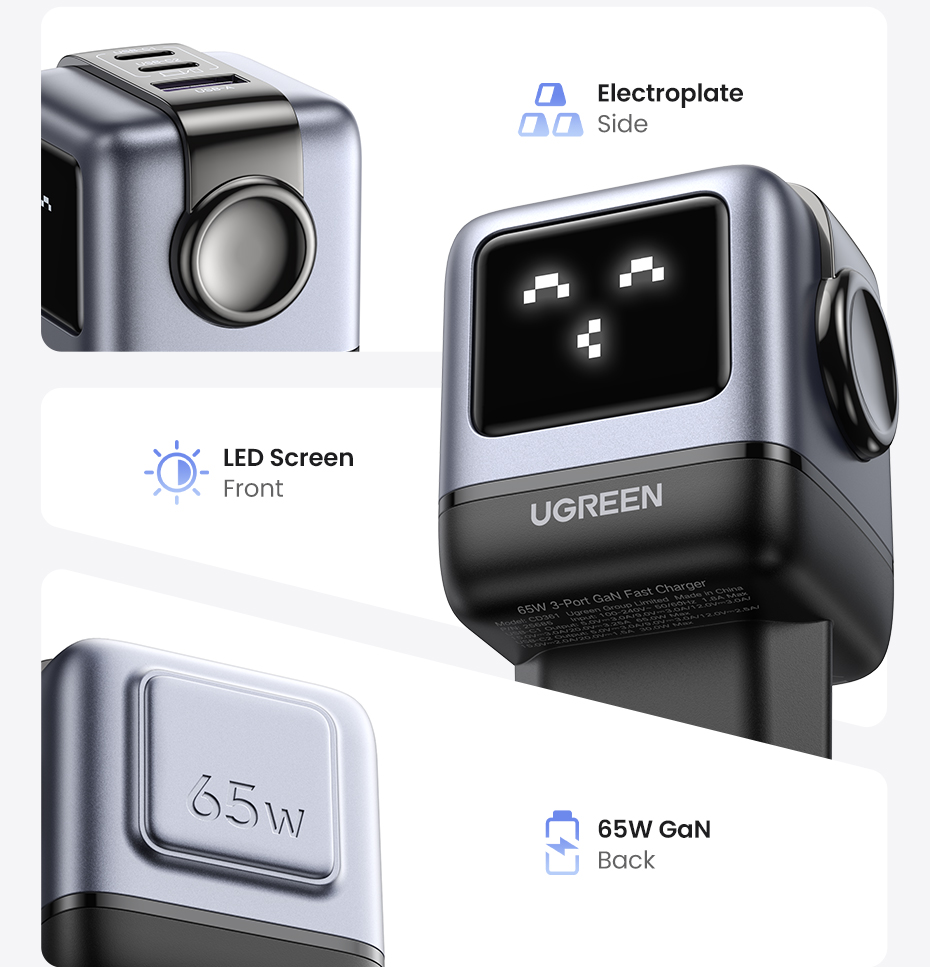 65W UGREEN Uno 2x USB-C, 1x USB-A PPS PD QC GaN hleðslutæki, svart - image 17 [348d06af86]