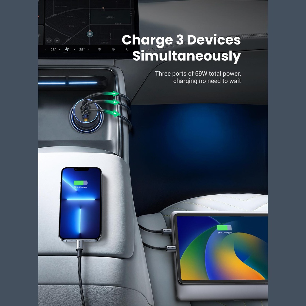 75W UGREEN 2x USB-C, 1x USB-A PPS PD QC hleðslutæki í bíl - image 8 [0cdcf81a42]