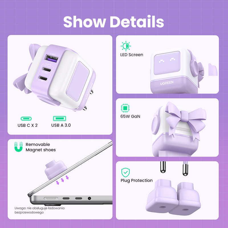 65W UGREEN Uno 2x USB-C, 1x USB-A PPS PD QC GaN hleðslutæki, fjólublátt - image 15 [a8dada7533]