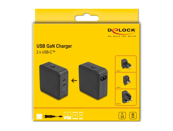 65W Delock 2x USB-C PD EU/UK/US breytikló og hleðslutæki - image 7 [50639601a0]