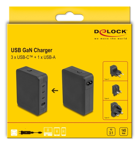 145W Delock 3x USB-C, 1x USB-A PD GaN EU/UK/US breytikló og hleðslutæki - image 7 [06ee0d5d4e]
