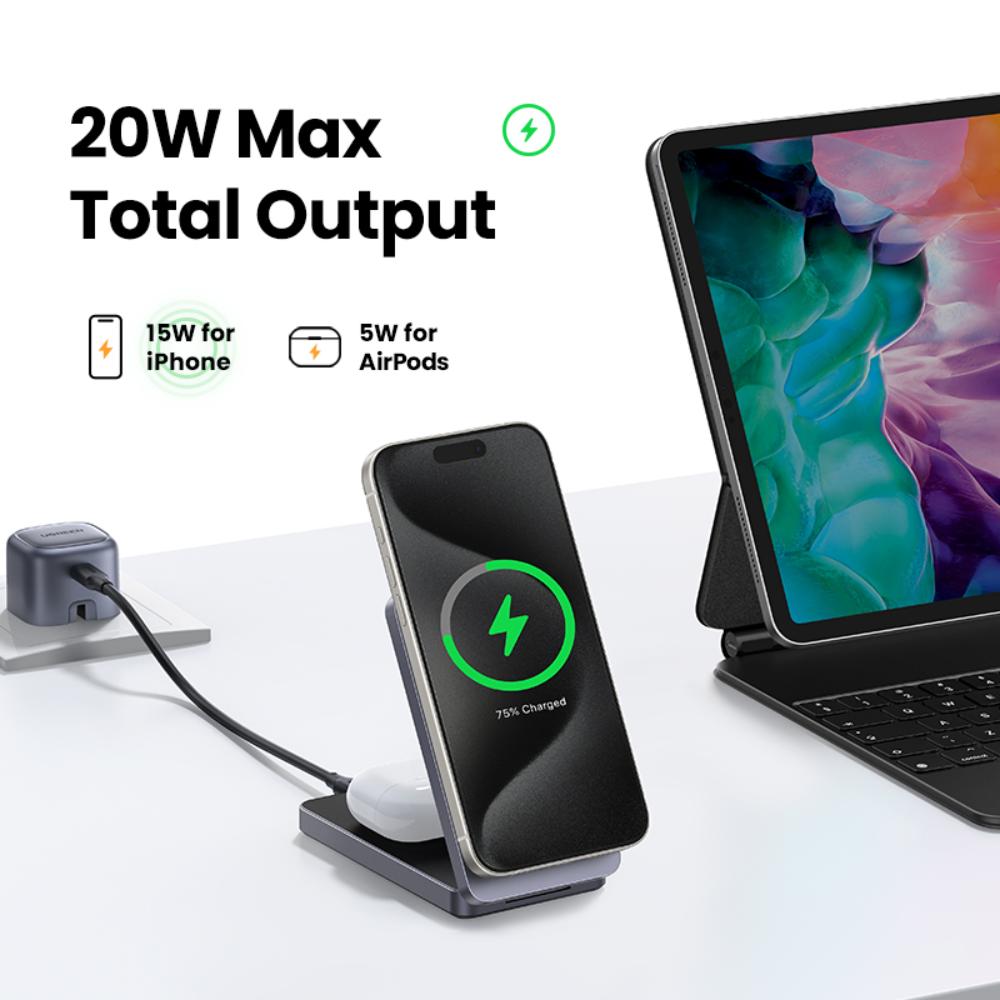 15W UGREEN Qi2 MagSafe þráðlaus 2-in-1 hleðslustöð, grá - image 2 [d179580f3c]