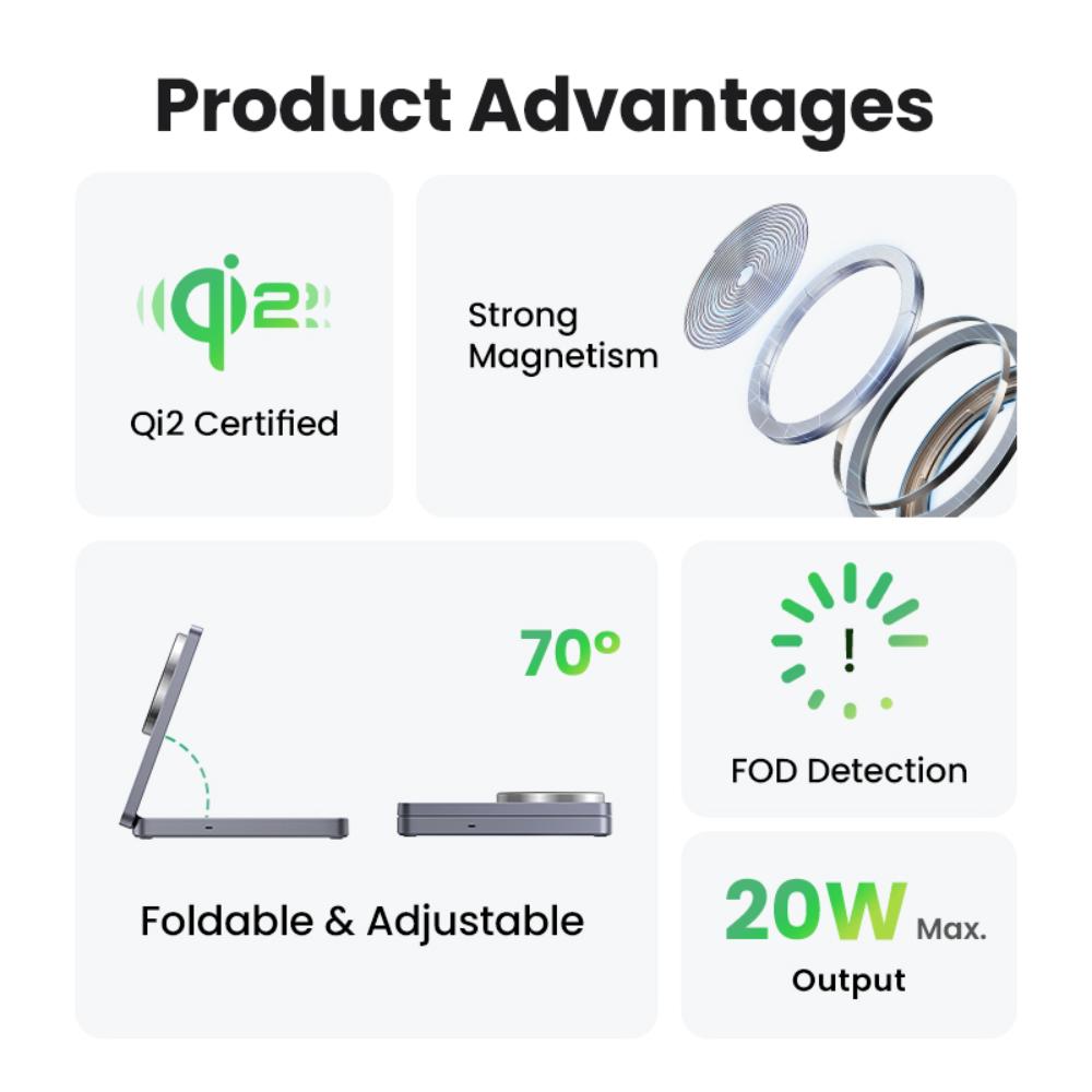 15W UGREEN Qi2 MagSafe þráðlaus 2-in-1 hleðslustöð, grá - image 3 [9246500d4f]