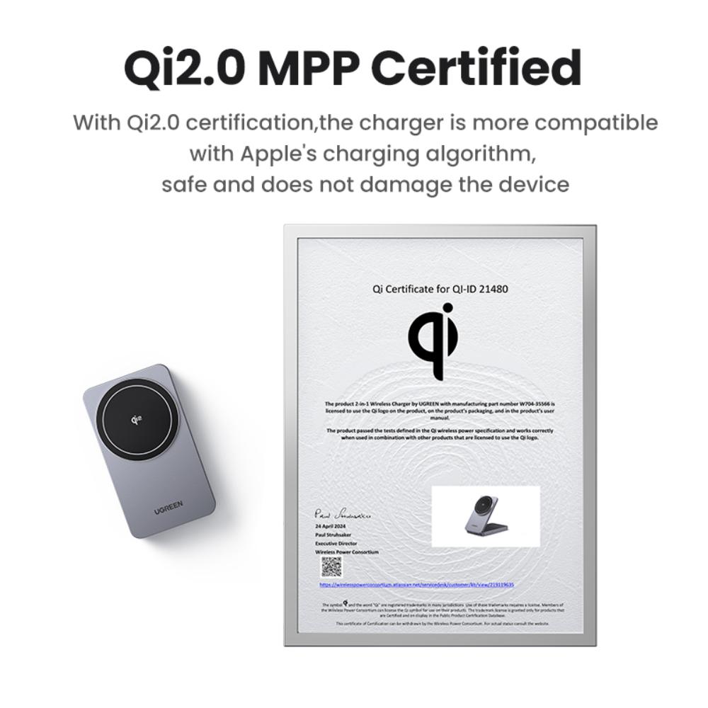 15W UGREEN Qi2 MagSafe þráðlaus 2-in-1 hleðslustöð, grá - image 4 [da330bac7a]
