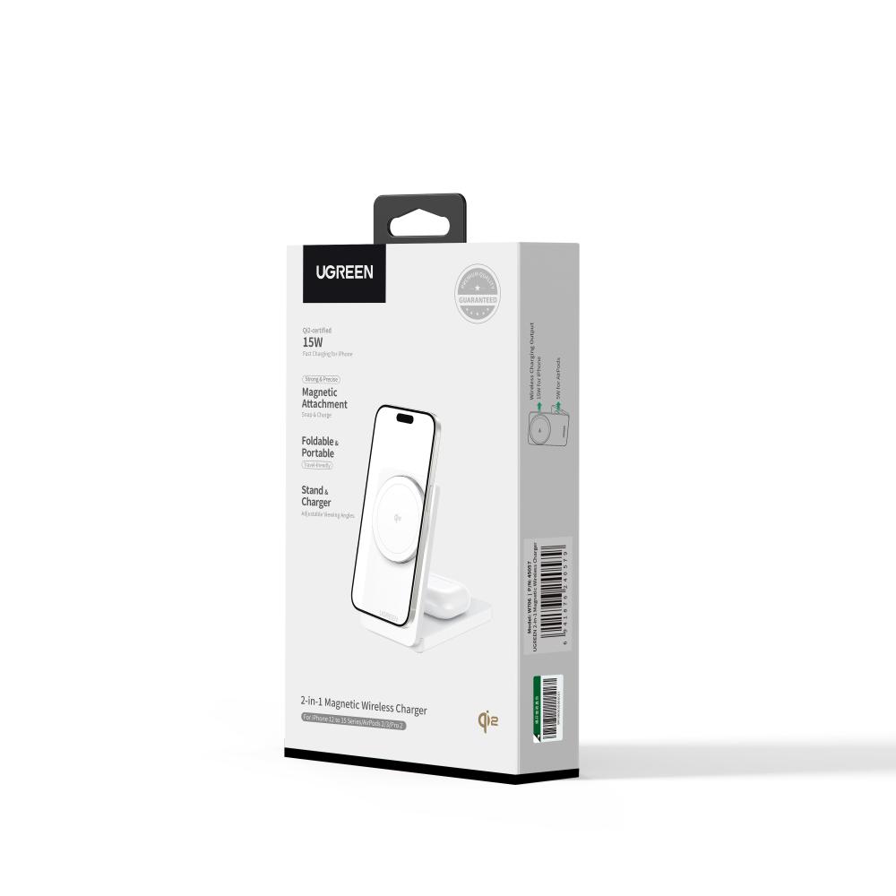 15W UGREEN Qi2 MagSafe þráðlaus 2-in-1 hleðslustöð, hvít - image 2 [555b453aba]
