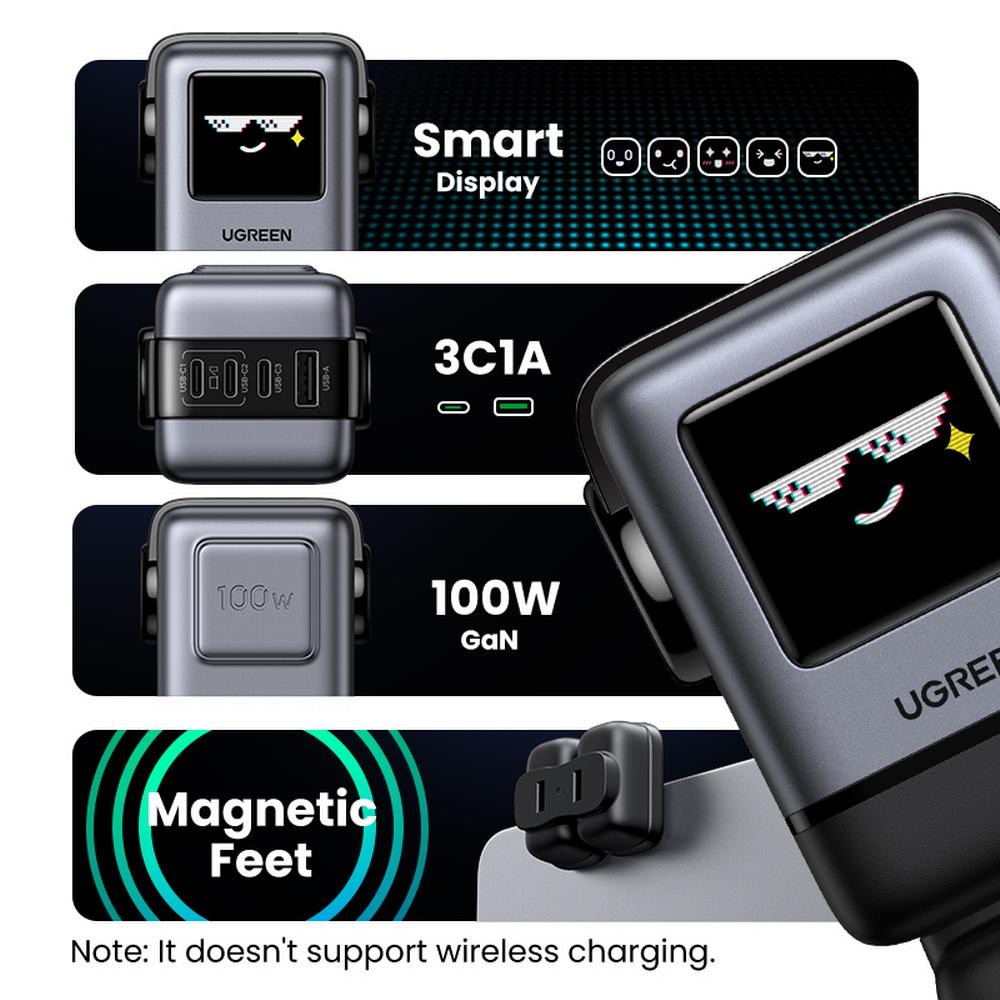 100W UGREEN Uno 3x USB-C, 1x USB-A PPS PD QC GaN hleðslutæki, svart - image 8 [161bee12ae]