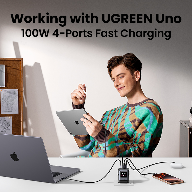 100W UGREEN Uno 3x USB-C, 1x USB-A PPS PD QC GaN hleðslutæki, svart - image 13 [15eb2cd16c]