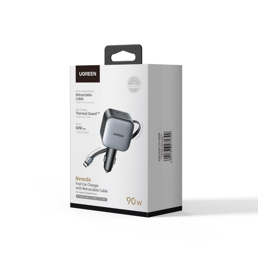 90W UGREEN 1x USB-C, 1x USB-A PD QC hleðslutæki í bíl með útdraganlegum USB-C kapli - image 2 [06b0d101c6]
