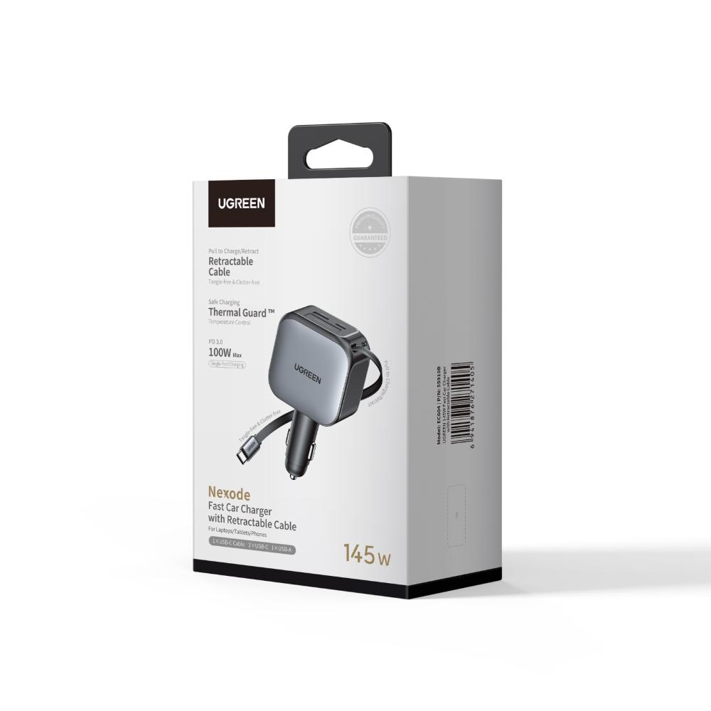 145W UGREEN 1x USB-C, 1x USB-A PD QC hleðslutæki í bíl með útdraganlegum USB-C kapli - image 2 [2728ce166e]