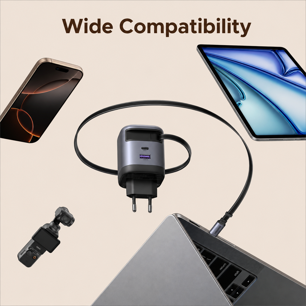 45W UGREEN 1x USB-C, 1x USB-A PPS PD QC hleðslutæki, með útdraganlegum USB-C kapli - image 5 [b7a8032d25]