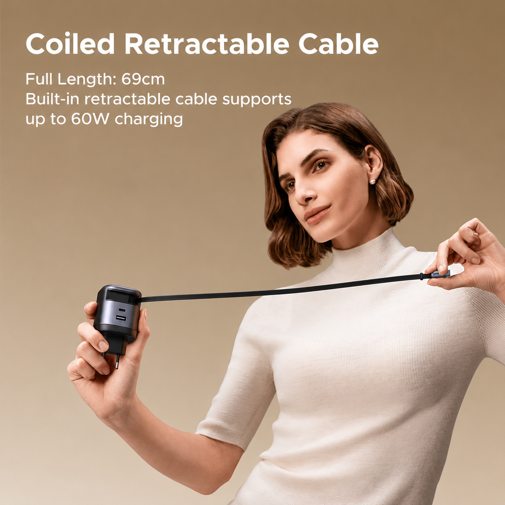 45W UGREEN 1x USB-C, 1x USB-A PPS PD QC hleðslutæki, með útdraganlegum USB-C kapli - image 7 [59a90dde7f]