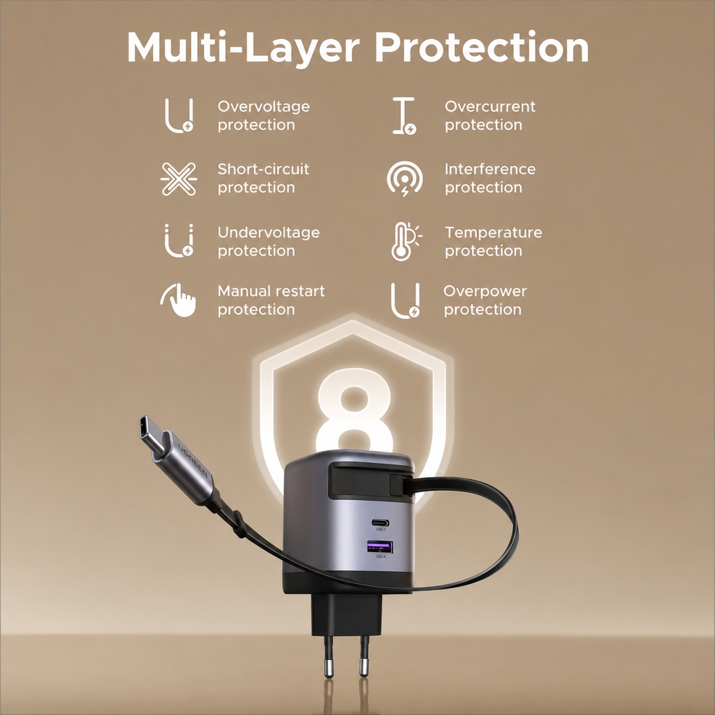 45W UGREEN 1x USB-C, 1x USB-A PPS PD QC hleðslutæki, með útdraganlegum USB-C kapli - image 15 [7fbe7d5d6b]