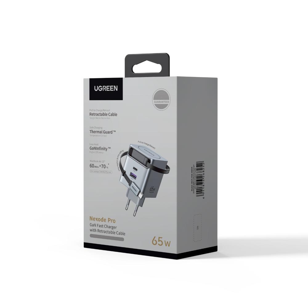 65W UGREEN 1x USB-C, 1x USB-A PD QC GaN hleðslutæki með útdraganlegum USB-C kapli - image 2 [d1ba413581]