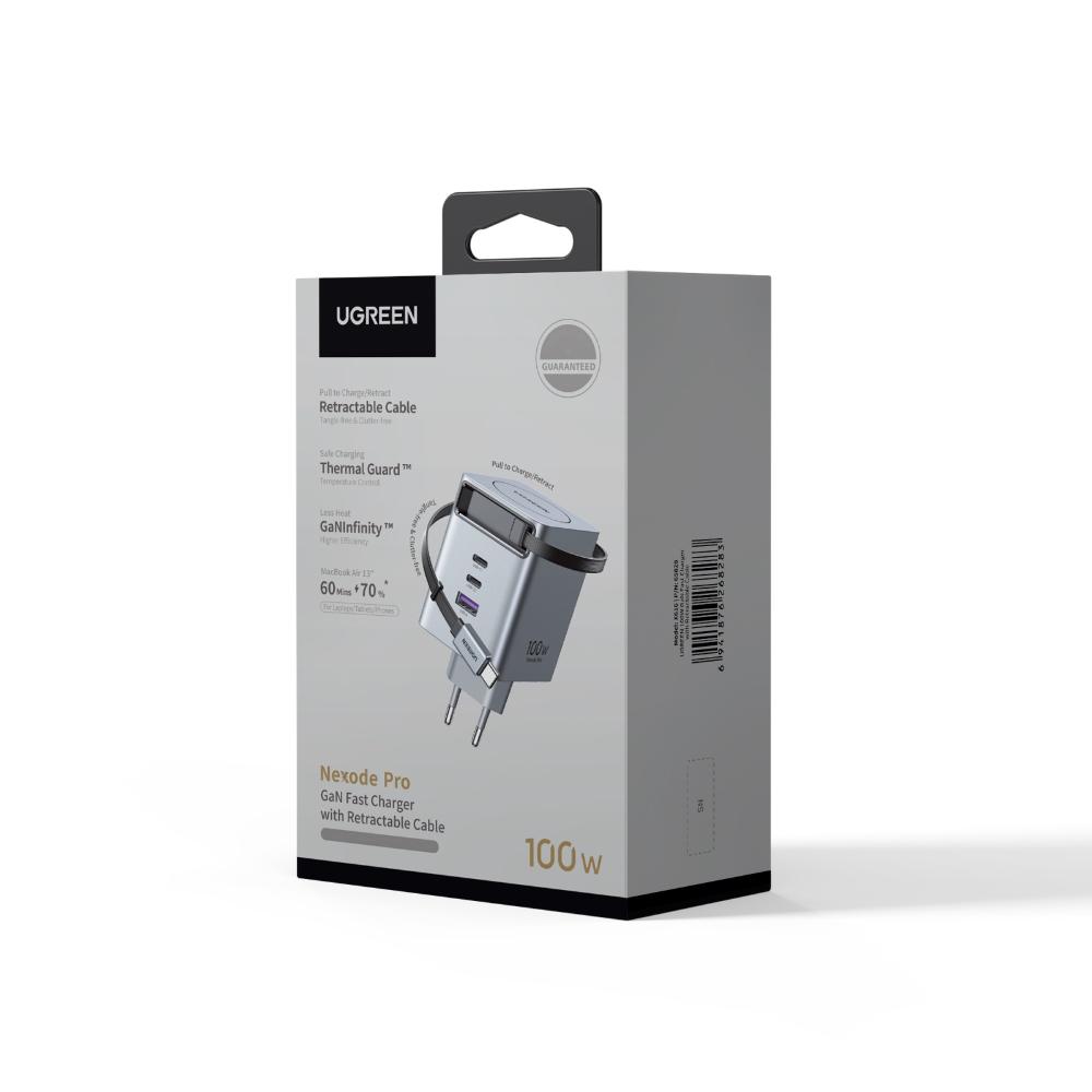 100W UGREEN 2X USB-C, 1x USB-A PPS PD QC GaN hleðslutæki með útdraganlegum USB-C kapli - image 2 [0d6723d2d1]